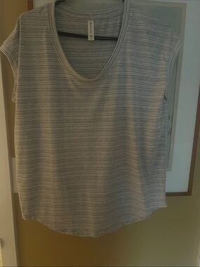 AthletCasual Striped V-Neck Cap Sleeve Top - Gray/White sun